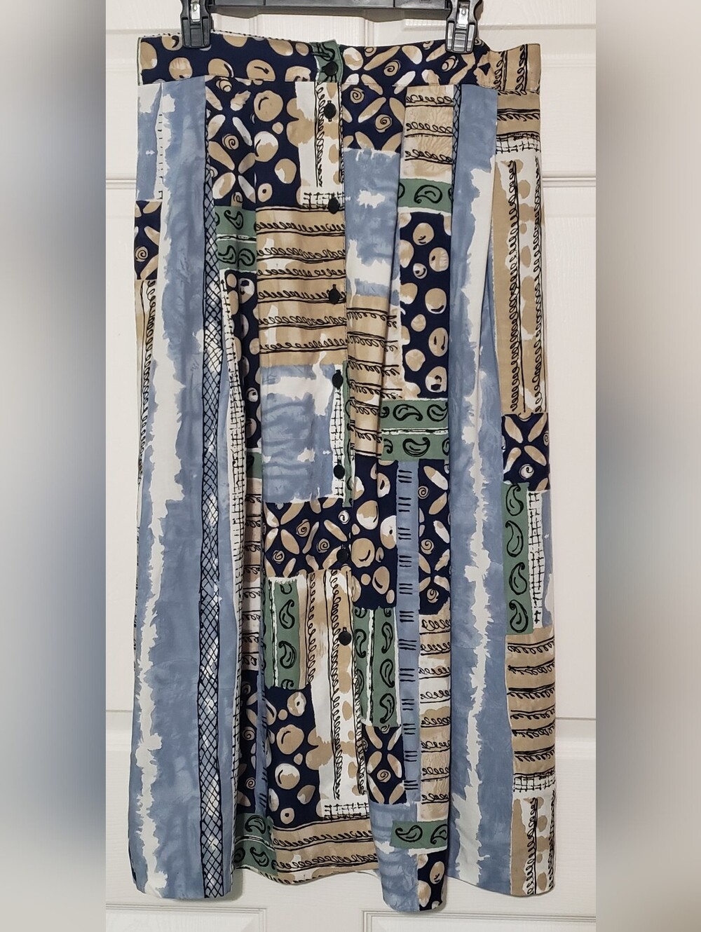 Kathie Lee Collection Patchwork Print Maxi Skirt in Blue, Green & Cream